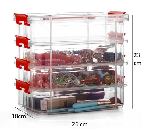 GROFFY plastic boxes for Storage transparent, Space Saving Organiser with Lid Portable & Stackable for Jewelry, Beads, Crochet, Sewing, Scrapbooking DIY Craft (Red, 4 tier) - Image 2