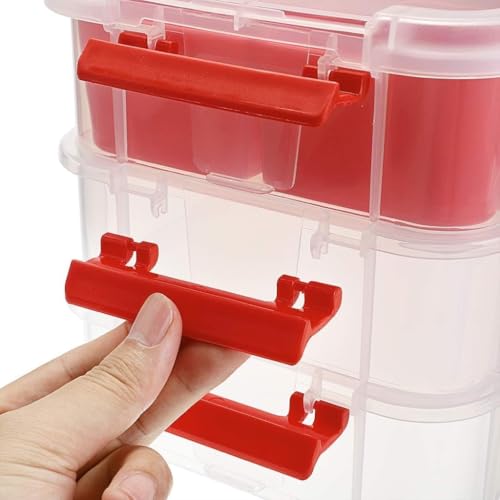 GROFFY plastic boxes for Storage transparent, Space Saving Organiser with Lid Portable & Stackable for Jewelry, Beads, Crochet, Sewing, Scrapbooking DIY Craft (Red, 4 tier) - Image 4