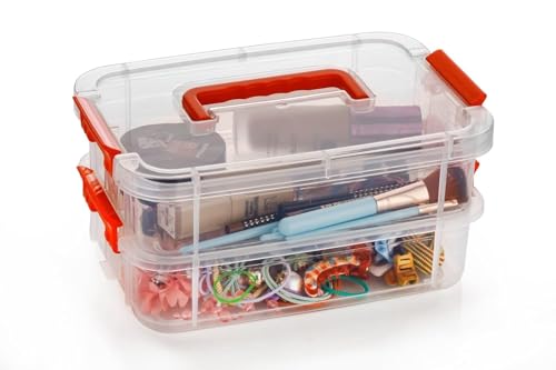 GROFFY plastic boxes for Storage transparent, Space Saving Organiser with Lid Portable & Stackable for Jewelry, Beads, Crochet, Sewing, Scrapbooking DIY Craft (Red, 4 tier) - Image 3