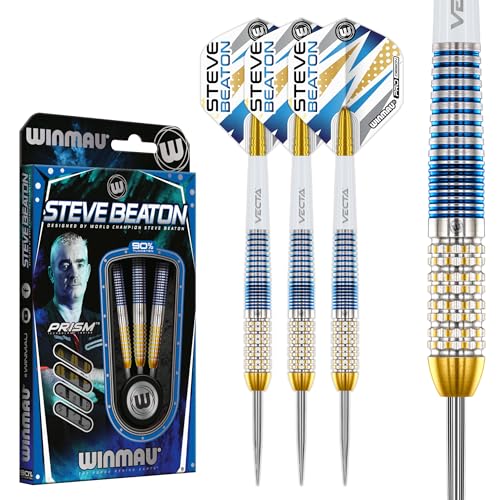 Winmau Steel Tip Professional Darts Steel Tip Darts Set Steve Beaton Legacy Edition Competition Design 24G 90 Tungsten Barrels CAxis Control Grip Technology SilverBlueGold - Image 1