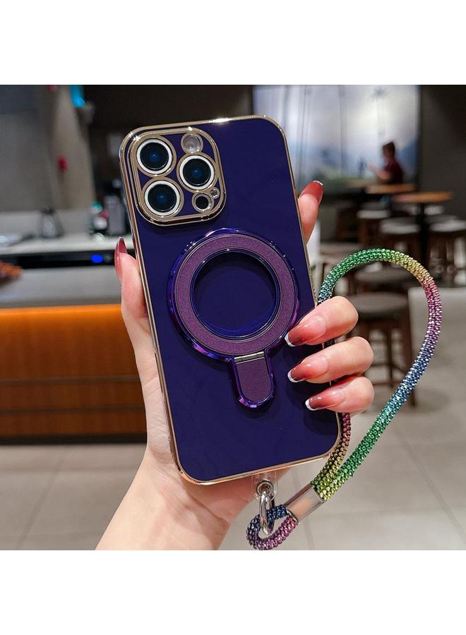 S-TOP Case For iPhone 14 Pro Max Solid Color Electroplated Metal Holder Phone Case with Lanyard - Image 1