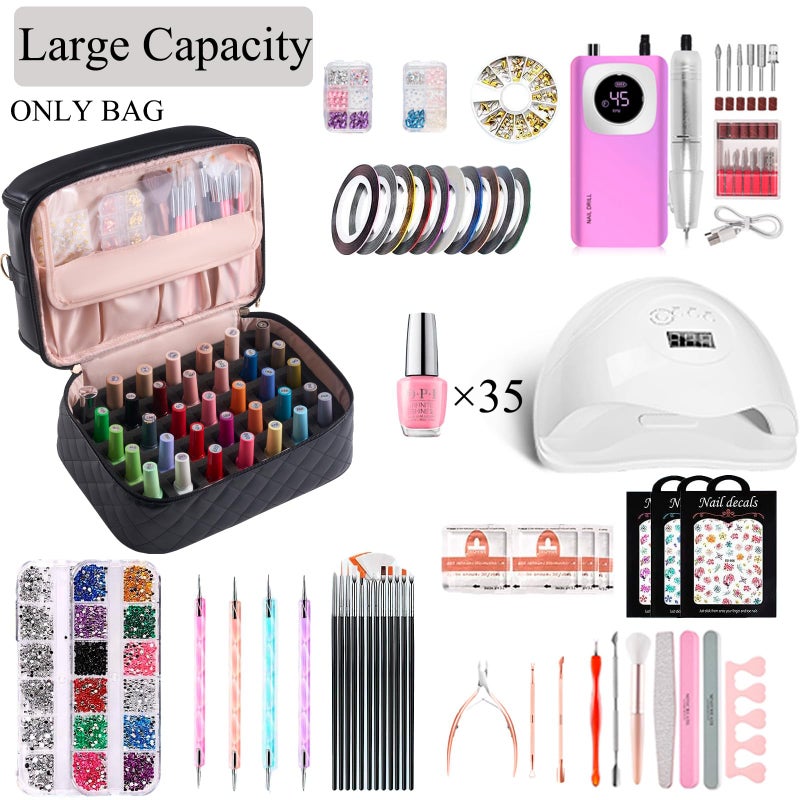 CTWWFS Nail Polish Organizer Holds 35 Bottles & Nail Lamp, Nail Organizers and Storage, Double Layer Nail Bag with Handle & Shoulder Strap for Travel, Nail Supplies Organizer for Manicure Kit (Black) - Image 2