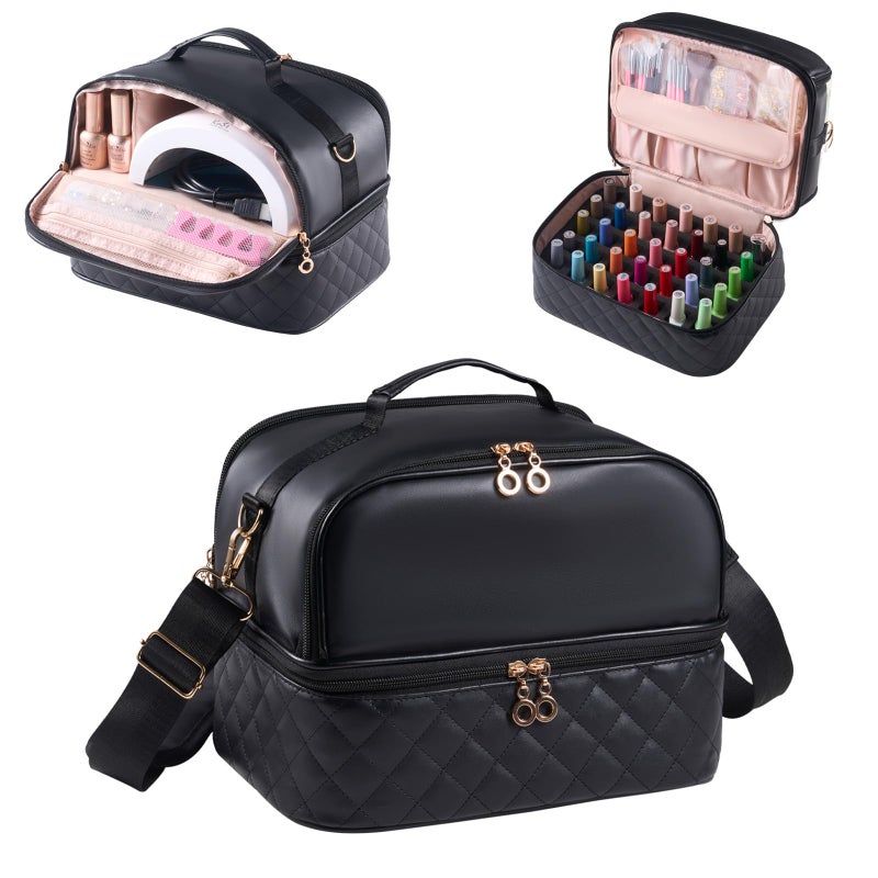CTWWFS Nail Polish Organizer Holds 35 Bottles & Nail Lamp, Nail Organizers and Storage, Double Layer Nail Bag with Handle & Shoulder Strap for Travel, Nail Supplies Organizer for Manicure Kit (Black) - Image 1