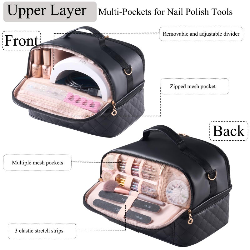 CTWWFS Nail Polish Organizer Holds 35 Bottles & Nail Lamp, Nail Organizers and Storage, Double Layer Nail Bag with Handle & Shoulder Strap for Travel, Nail Supplies Organizer for Manicure Kit (Black) - Image 3