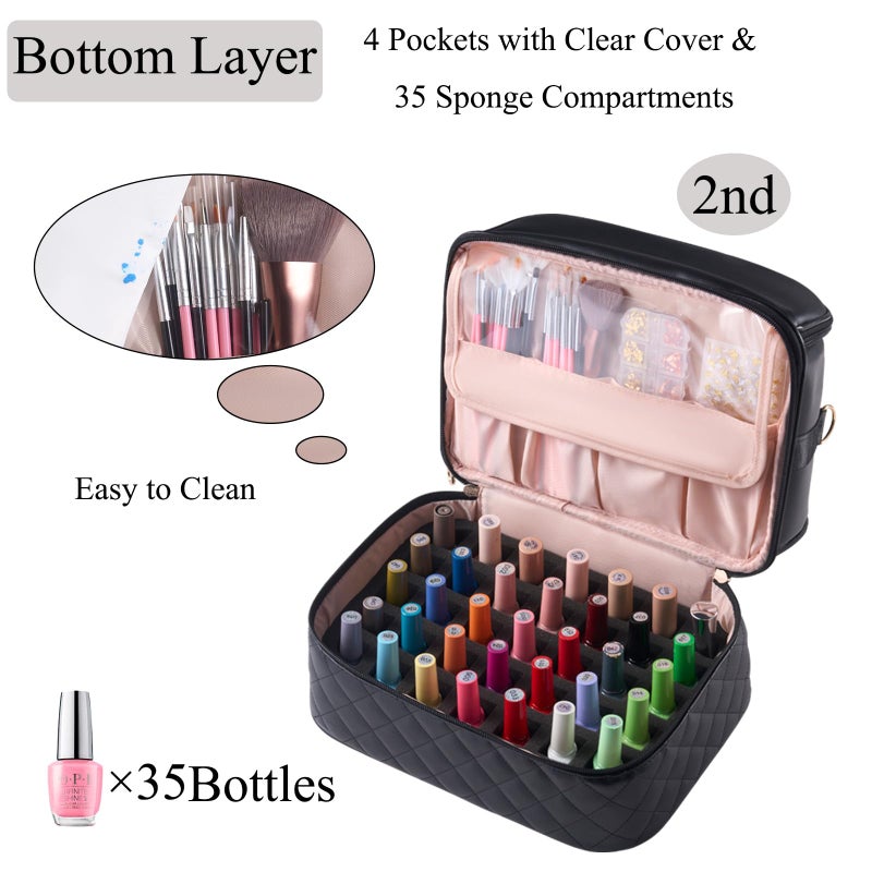CTWWFS Nail Polish Organizer Holds 35 Bottles & Nail Lamp, Nail Organizers and Storage, Double Layer Nail Bag with Handle & Shoulder Strap for Travel, Nail Supplies Organizer for Manicure Kit (Black) - Image 4