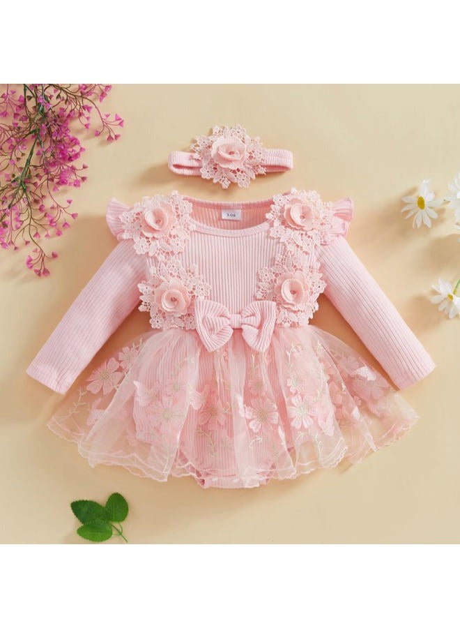 Douhoow Baby Girl Romper Dress Baby Dress Romper Lace Flowers Infant Fall Winter Festival Clothes with Headband (Pink, 3-6 Months) - Image 3