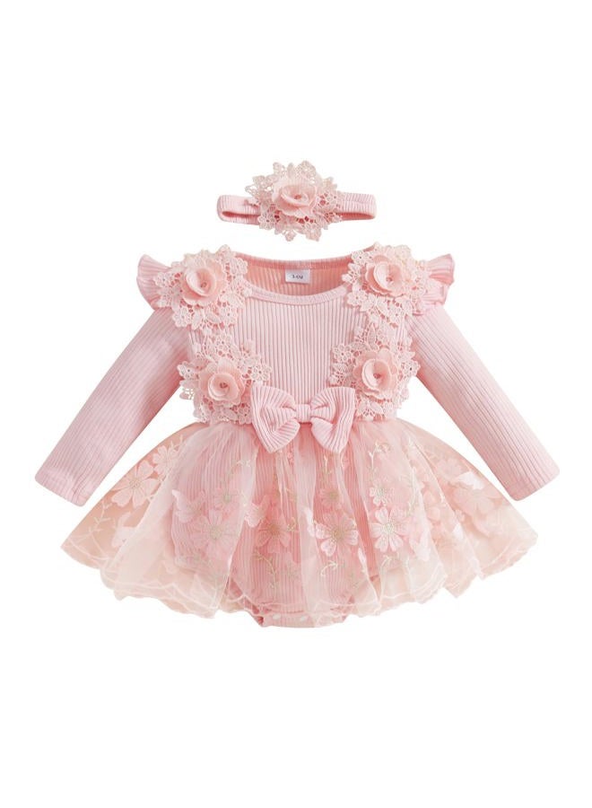 Douhoow Baby Girl Romper Dress Baby Dress Romper Lace Flowers Infant Fall Winter Festival Clothes with Headband (Pink, 3-6 Months) - Image 1
