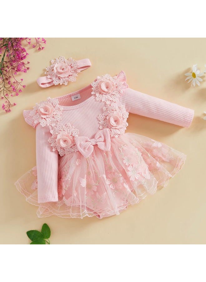 Douhoow Baby Girl Romper Dress Baby Dress Romper Lace Flowers Infant Fall Winter Festival Clothes with Headband (Pink, 3-6 Months) - Image 4