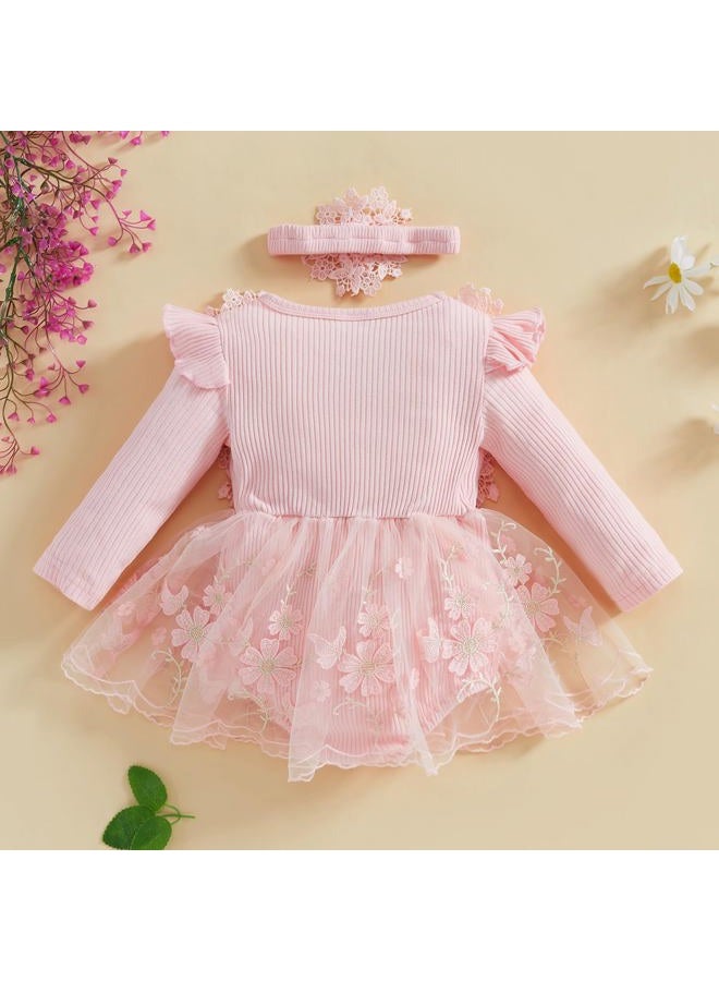 Douhoow Baby Girl Romper Dress Baby Dress Romper Lace Flowers Infant Fall Winter Festival Clothes with Headband (Pink, 3-6 Months) - Image 5