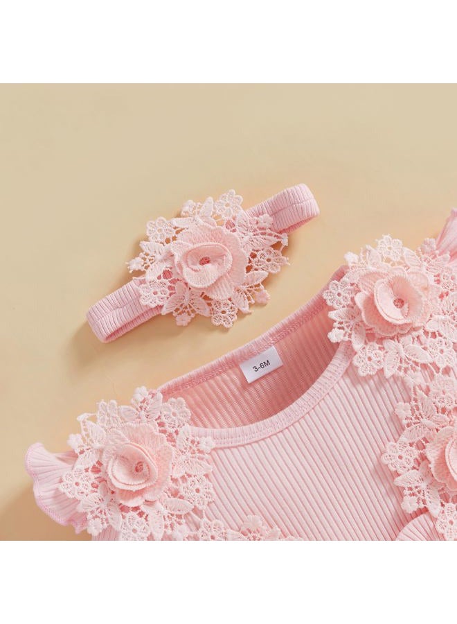 Douhoow Baby Girl Romper Dress Baby Dress Romper Lace Flowers Infant Fall Winter Festival Clothes with Headband (Pink, 3-6 Months) - Image 2