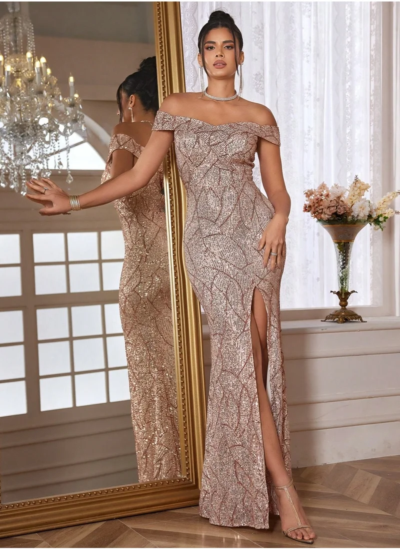 Madam Uniq Womens Off Shoulder Sequin Slit Dress