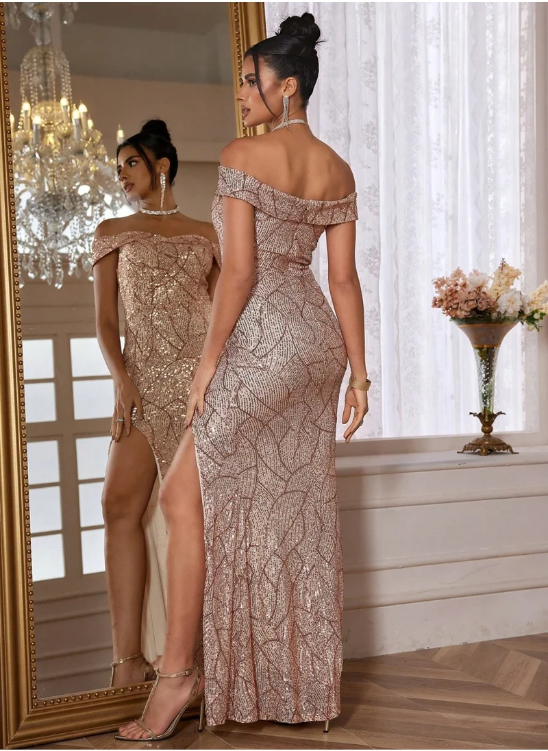 Madam Uniq Womens Off Shoulder Sequin Slit Dress