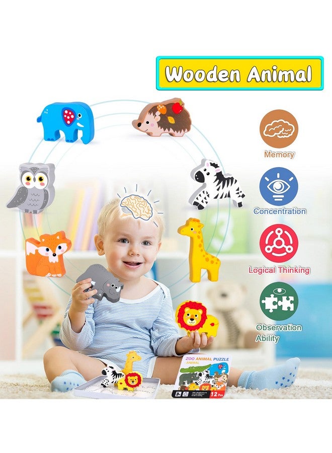 KECIABO Wooden Animal Puzzles Toys for Toddlers,12PC Safari Animal Figures,Animal Matching Sorting Stacking Toys for Boys Child Girls,Educational Learning Toys Gift for Kids (Safari) - Image 2