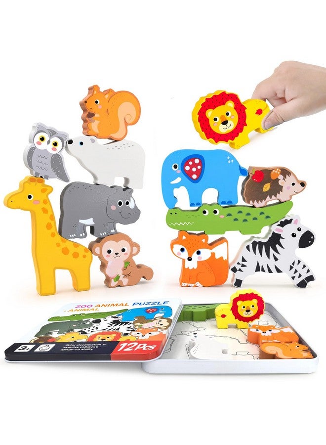 KECIABO Wooden Animal Puzzles Toys for Toddlers,12PC Safari Animal Figures,Animal Matching Sorting Stacking Toys for Boys Child Girls,Educational Learning Toys Gift for Kids (Safari) - Image 1