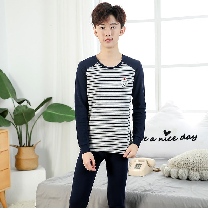 Juvenile Underwear Set Autumn Clothes and Pants for Boys and Girls Pure Cotton Thin Junior High School Students Cotton Sweater Thermal Underwear Dou-navy blue stripes 