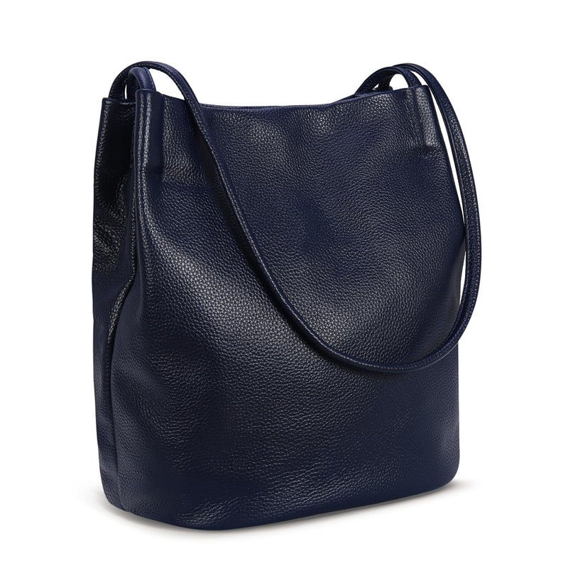 Iswee Genuine Leather Tote Purse Hobo Purses for Women Satchel Shoulder Bag Bucket Bags ladies Designer Handbags Navy Blue Lichee