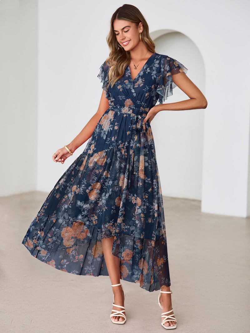 Simplee Womens Summer Floral Boho Maxi Dress 2026 Flutter Sleeve Print Ruffle Mesh Midi Vacation Wedding Guest Dress(Ink Blue L) - Image 4