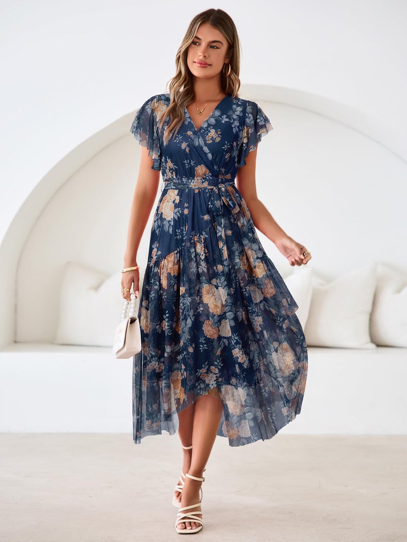 Simplee Womens Summer Floral Boho Maxi Dress 2026 Flutter Sleeve Print Ruffle Mesh Midi Vacation Wedding Guest Dress(Ink Blue L) - Image 5
