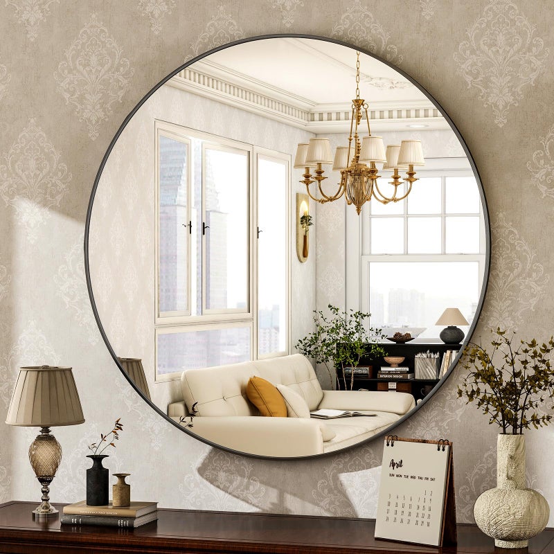 HARRITPURE Round Mirror 24 Black Wall Mounted Circle Mirrors Vanity Mirror with Brushed Aluminum Alloy Frame Modern Decoration for Bathroom Living Room Vanity Bedroom Entryway