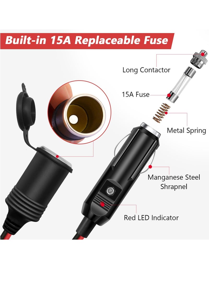 12V Car Cigarette Lighter Extension Cord 2M/6.5FT with Switch, 17AWG Heavy Duty Male Plug to Female Socket, 15A Fuse, LED Lights for 12V/24V Vehicles - Image 4