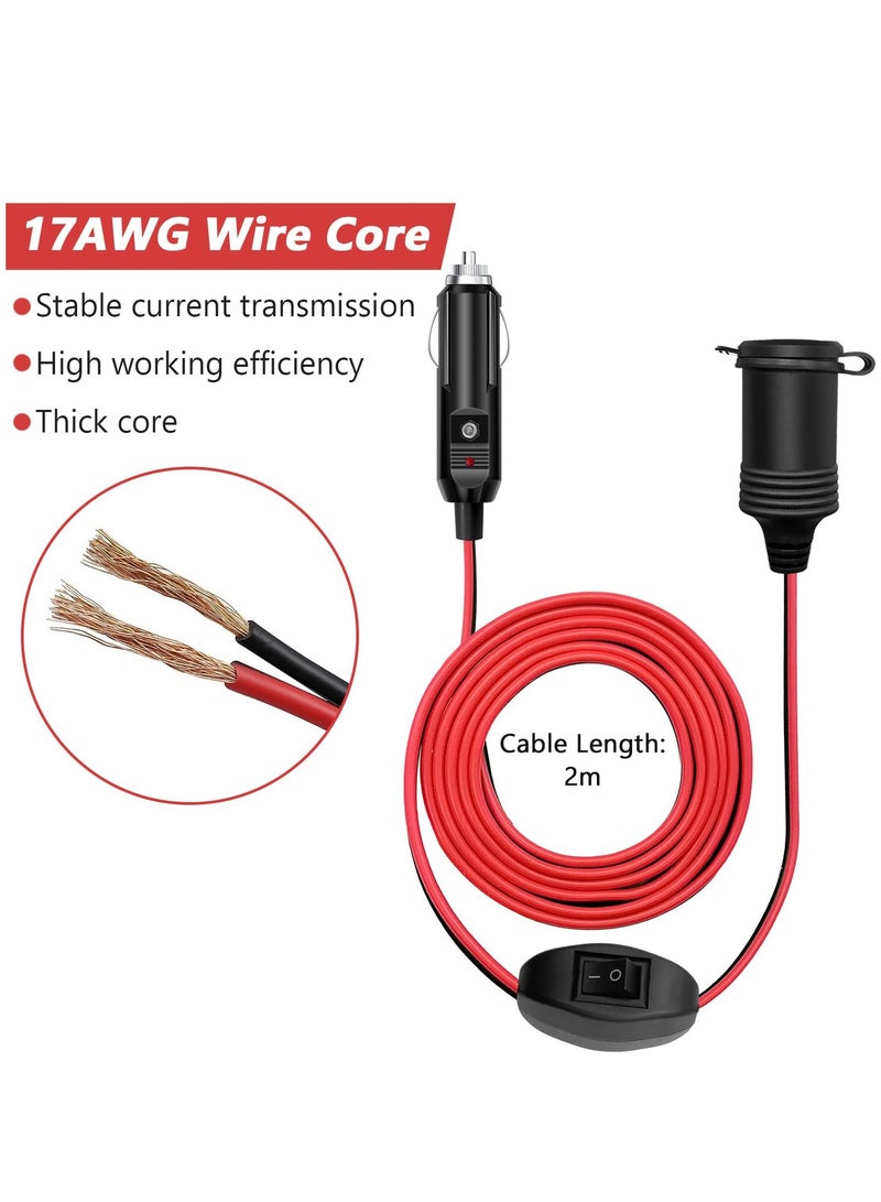 12V Car Cigarette Lighter Extension Cord 2M/6.5FT with Switch, 17AWG Heavy Duty Male Plug to Female Socket, 15A Fuse, LED Lights for 12V/24V Vehicles - Image 5