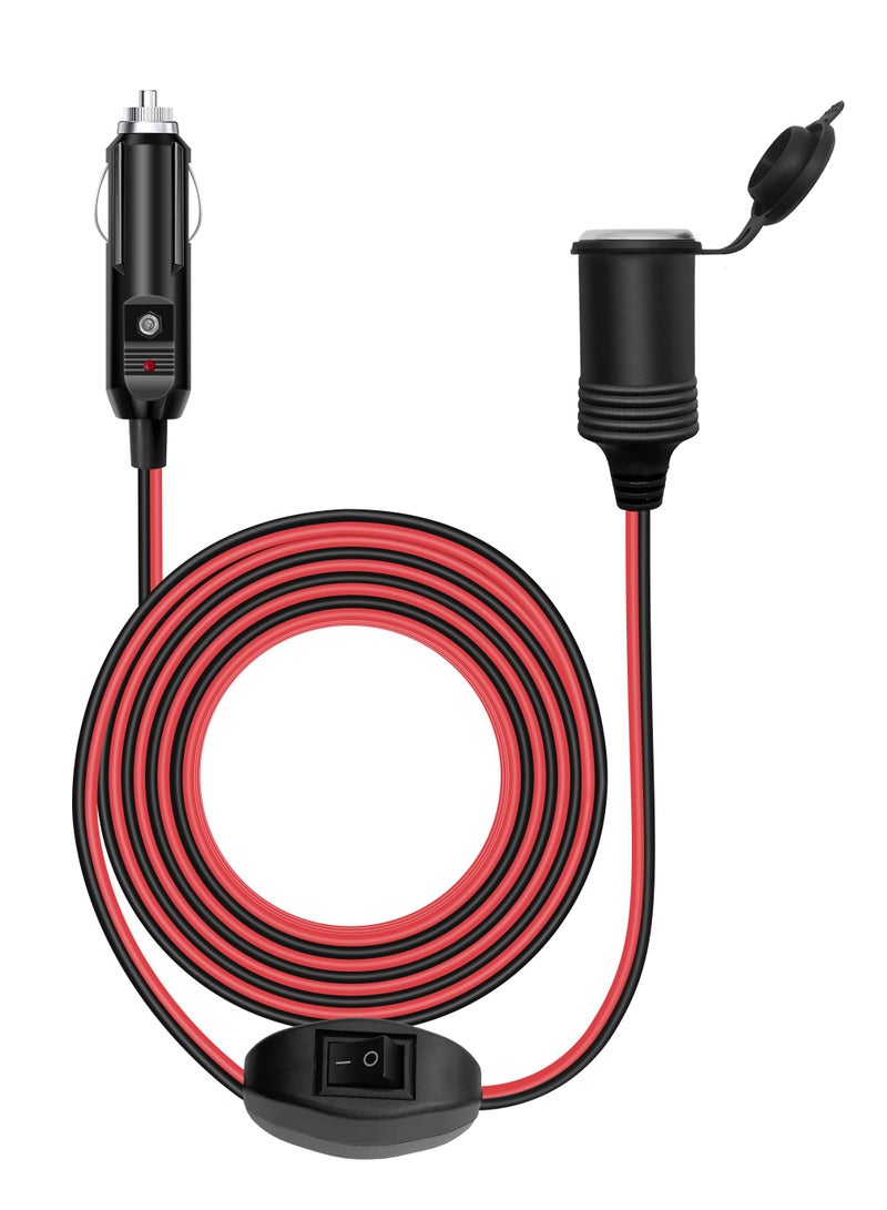 12V Car Cigarette Lighter Extension Cord 2M/6.5FT with Switch, 17AWG Heavy Duty Male Plug to Female Socket, 15A Fuse, LED Lights for 12V/24V Vehicles - Image 1