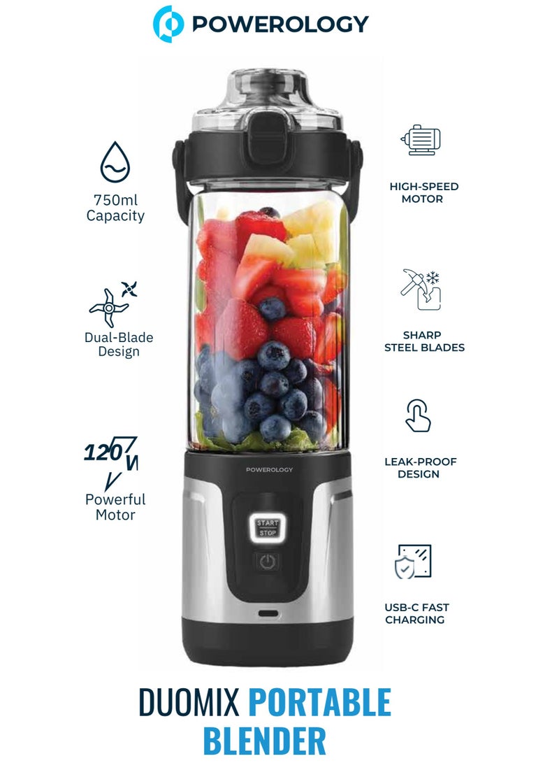 Powerology DUOMIX Portable Blender with 120W High-Speed Motor/ Dual-Blade Design/ USB-C Fast Charging/ 750mL Travel-Friendly Blender/ Ideal for Fruit Smoothies, Shakes & Crushing Ice - Black - Image 1