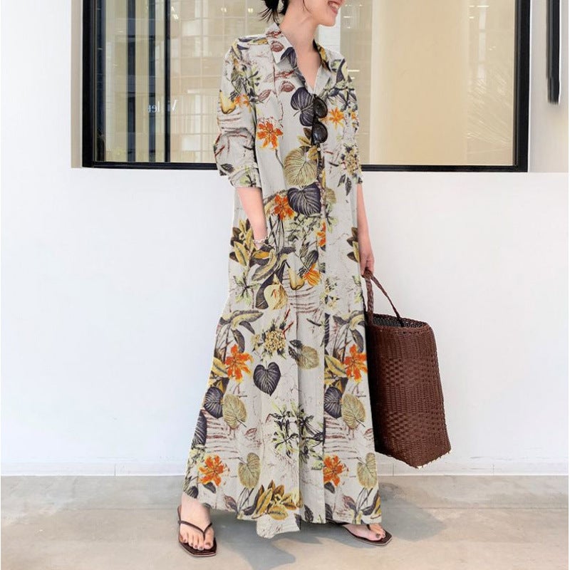 Loose Long Shirt Dress with Print Pockets Casual A-Line Midi Dress for Women - Image 2