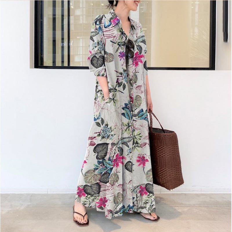 Loose Long Shirt Dress with Print Pockets Casual A-Line Midi Dress for Women - Image 3