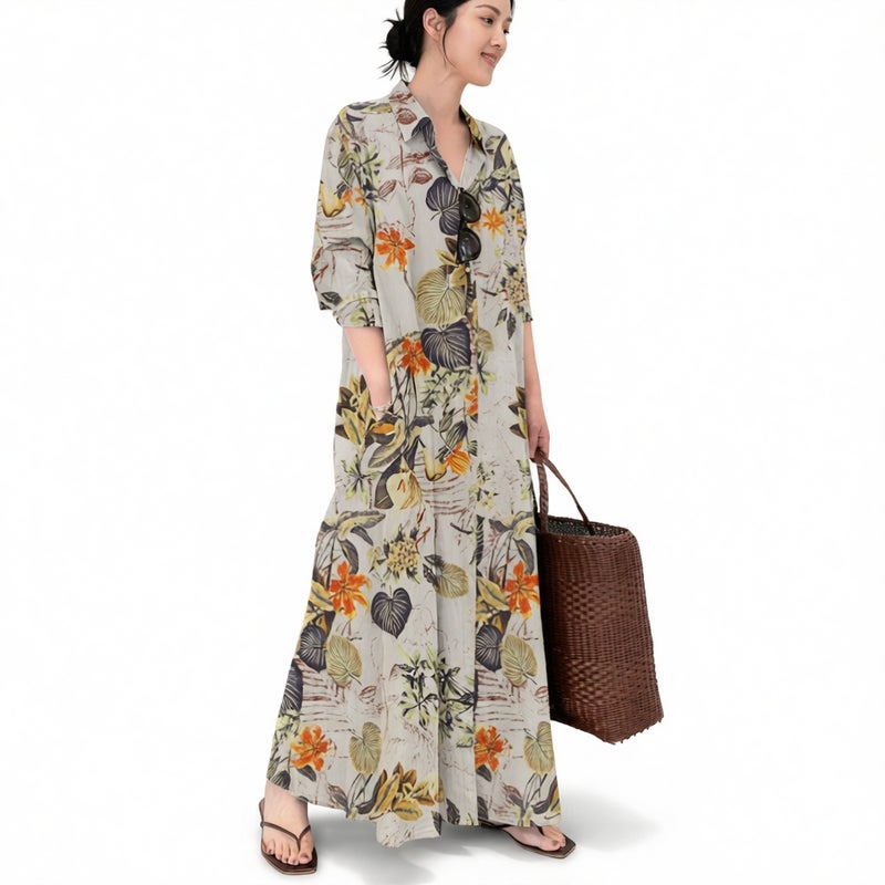Loose Long Shirt Dress with Print Pockets Casual A-Line Midi Dress for Women - Image 1