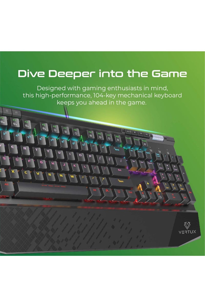 VERTUX Mechanical gaming keyboard with RGB lighting, fast-response switches, 104 keys, and a comfortable wrist rest - Image 3