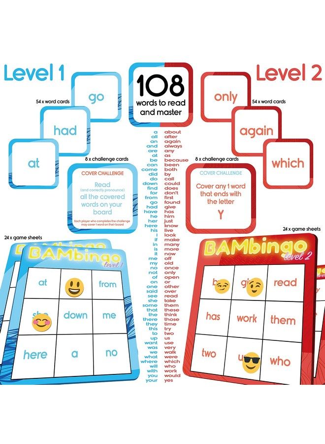Sight Word Bingo Game Level 1 And Level 2 Learn To Read Vocabulary For Preschool Kids Kindergarten First Grade Learning Dolch Fry Words Lists Children Reading Educational Flash Cards - Image 3