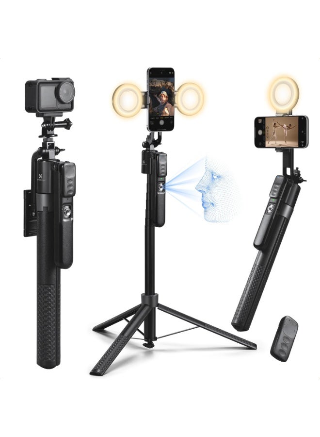 K&F CONCEPT 71“ Face Tracking Tripod, Auto Face Tracking Selfie Stick with 2 Fill Lights, Auto Face Tracking Tripod 360 Totation with Stand, Gesture Control, Remote Control