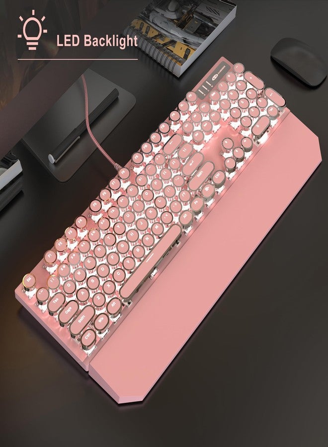 MageGee Typewriter Mechanical Gaming Keyboard and Mouse Combo, Retro Punk Round Keycaps RGB Rainbow Backlit Wired Keyboard for Game and Office, for Windows Laptop PC, Red Switches(Pink) - Image 2