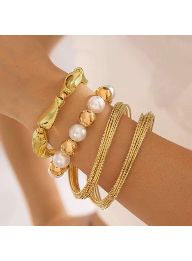 حقل قطعة 3، أسورة ذهبية، حلقة يد عصرية وأنيقة، لؤلؤ، مجموعة 3 قطع، فن التراص الفاخر - Image 1