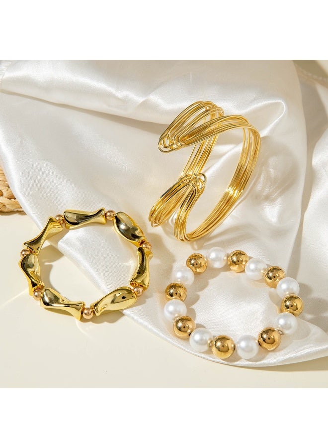 حقل قطعة 3، أسورة ذهبية، حلقة يد عصرية وأنيقة، لؤلؤ، مجموعة 3 قطع، فن التراص الفاخر - Image 3