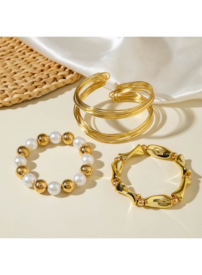 حقل قطعة 3، أسورة ذهبية، حلقة يد عصرية وأنيقة، لؤلؤ، مجموعة 3 قطع، فن التراص الفاخر - Image 4