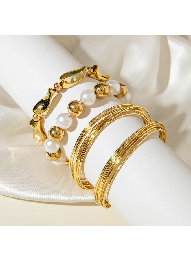 حقل قطعة 3، أسورة ذهبية، حلقة يد عصرية وأنيقة، لؤلؤ، مجموعة 3 قطع، فن التراص الفاخر - Image 5