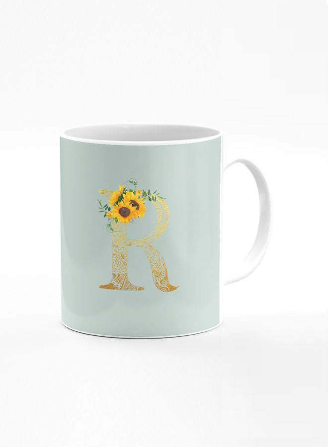 Stylizedd Designer Printed Coffee Mug 11oz Ceramic Personalised Gift Mugs Cup Custom Monogram Initial Letter Mandala Floral Pattern Alphabet R (Light Green) - Image 1