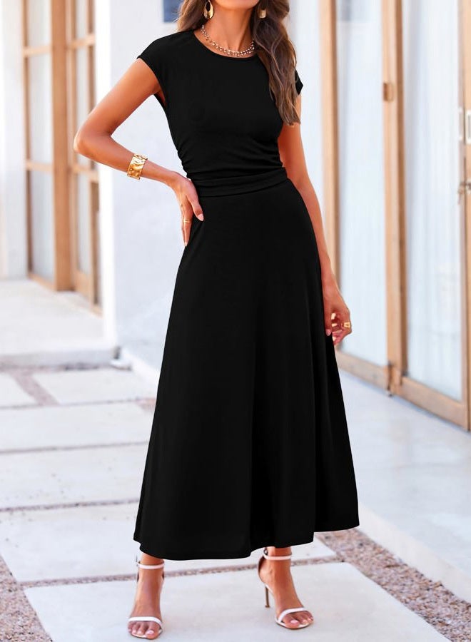BTFBM Women's Two Piece Skirt Set Casual Ribbed Round Neck Short Sleeve Crop Top Elastic Waist Swing Midi Skirts, Uniform black, XL - Image 2