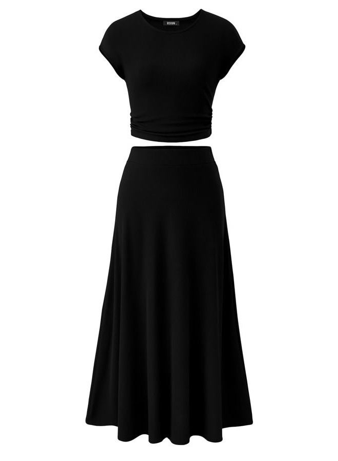BTFBM Women's Two Piece Skirt Set Casual Ribbed Round Neck Short Sleeve Crop Top Elastic Waist Swing Midi Skirts, Uniform black, XL - Image 1