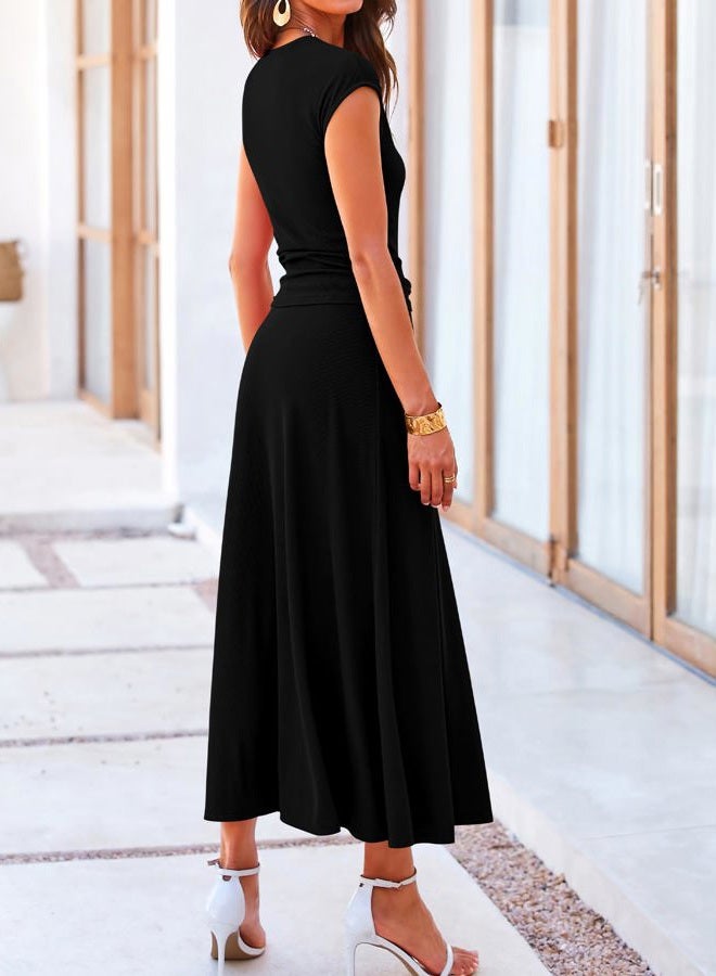 BTFBM Women's Two Piece Skirt Set Casual Ribbed Round Neck Short Sleeve Crop Top Elastic Waist Swing Midi Skirts, Uniform black, XL - Image 3