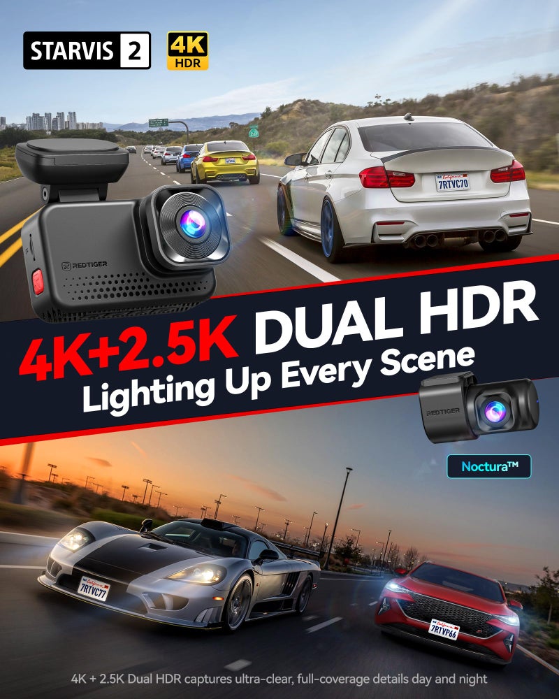 REDTIGER VC70 كاميرا داش 4K أمامية وخلفية 2.5K، STARVIS 2 IMX678 x Wondrix، وضع رؤية ليلية مزدوج HDR Starlight، واي فاي 6 5.8GHz 30MB/s، شاشة لمس 3" مع تحكم صوتي، وضع الركن، بطاقة 128GB مشمولة - Image 2
