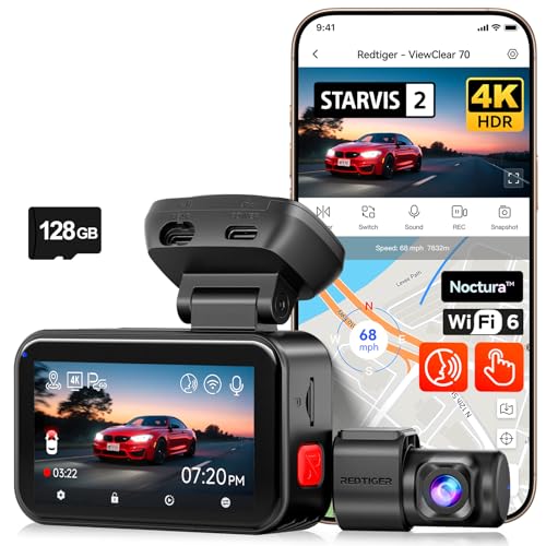 REDTIGER VC70 كاميرا داش 4K أمامية وخلفية 2.5K، STARVIS 2 IMX678 x Wondrix، وضع رؤية ليلية مزدوج HDR Starlight، واي فاي 6 5.8GHz 30MB/s، شاشة لمس 3" مع تحكم صوتي، وضع الركن، بطاقة 128GB مشمولة - Image 1