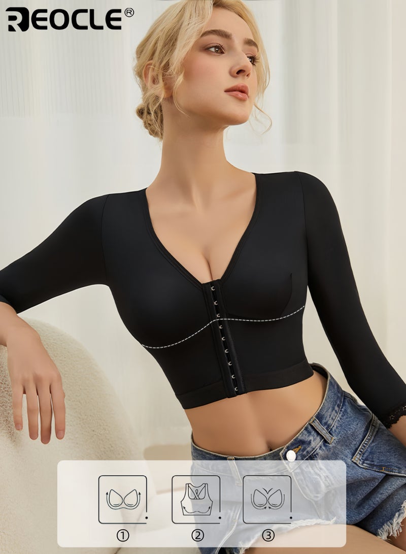 ريوكل بلوزة نسائية بتصميم بحاشية مع الدانتيل وخاصية الإغلاق الأمامي، بكم 3/4، مثالية للتمارين الرياضية وتتحكم في البطن، مناسبة لملابس اليوغا - Image 4