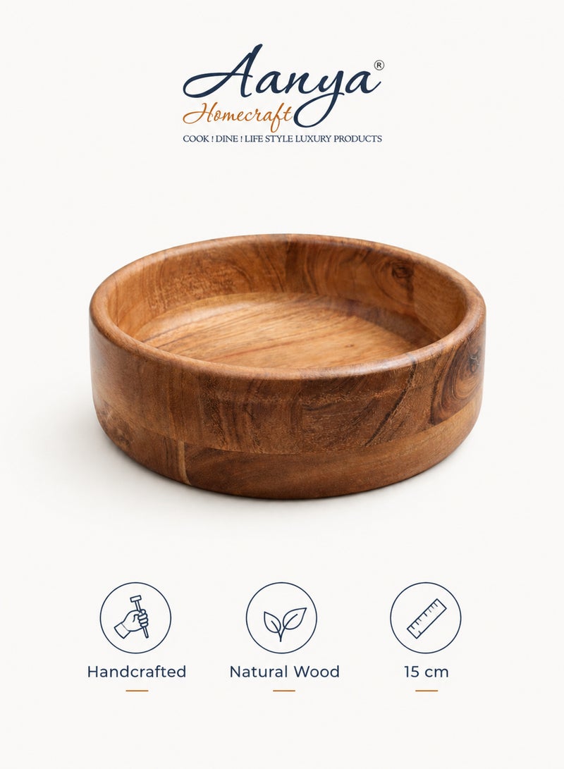 Aanya Homecraft وعاء سلطة خشبي مميز 15 سم - وعاء تقديم دائري مضغوط مصنوع يدويًا للسلطات والفواكه والوجبات الخفيفة وتناول الطعام اليومي، بني طبيعي - Image 3