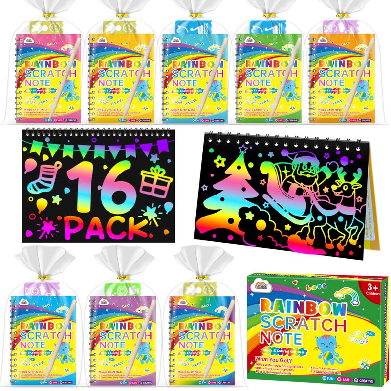 ZMLM Scratch Art Party Favors: 16 Pcs Birthday Gifts Goodie Bags Stuffers Rainbow Scratch Paper Craft Notebooks for Kids 4-8 Classroom Prize Students Back To School Supplies Toy Girls Boys Return Gift - Image 1
