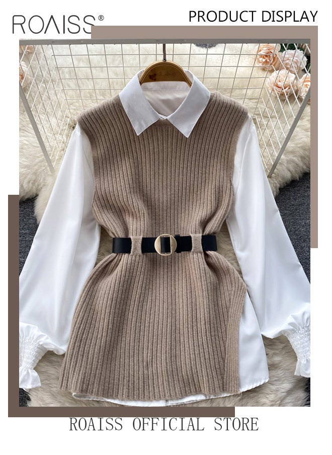 2 Piece Waist Design Knitted Vest and Long Sleeved White Shirt Top with Belt Lapel Shirt Design Comfortable and Skin Friendly Fabric Solid Color Women Casual Top Suit for Daily Commuting Wear - pzsku/ZFA74AB26B08B3EC68116Z/45/_/1715580272/bb1d5f68-5f88-4cb5-8925-dbc6ddf094cb