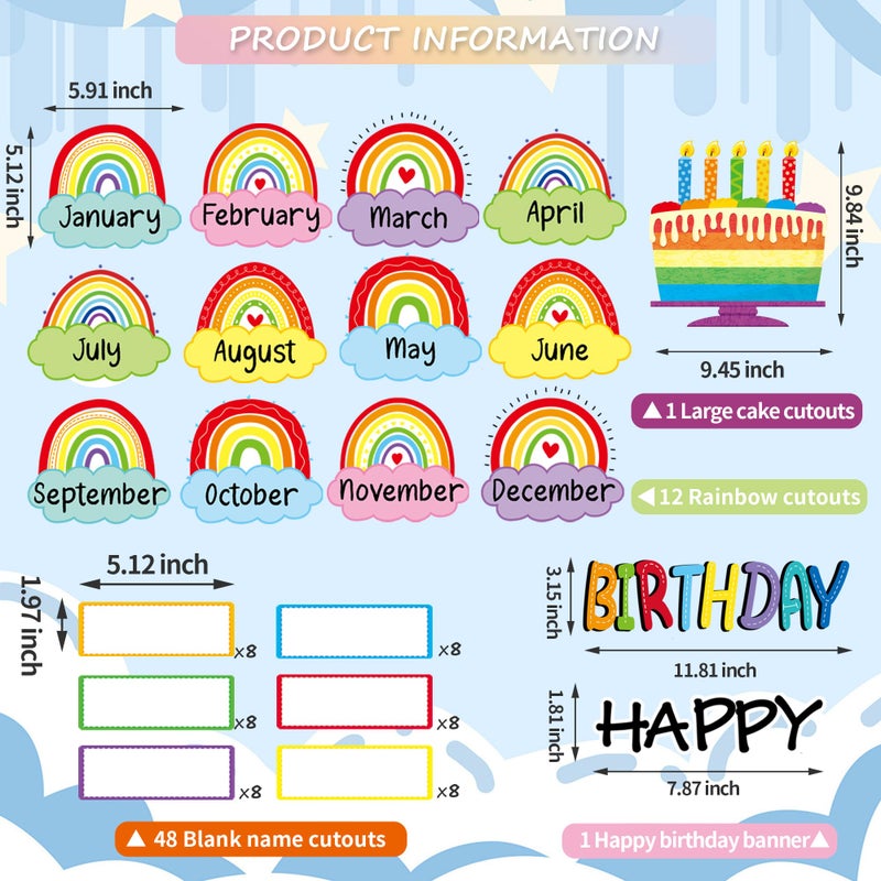 Mindoub Rainbow Happy Birthday Bulletin Board Rainbow Holiday Board Sign Let's Celebrate Happy Birthday Cloud Accents Cutouts for Calendars Bulletin Boards - Image 2