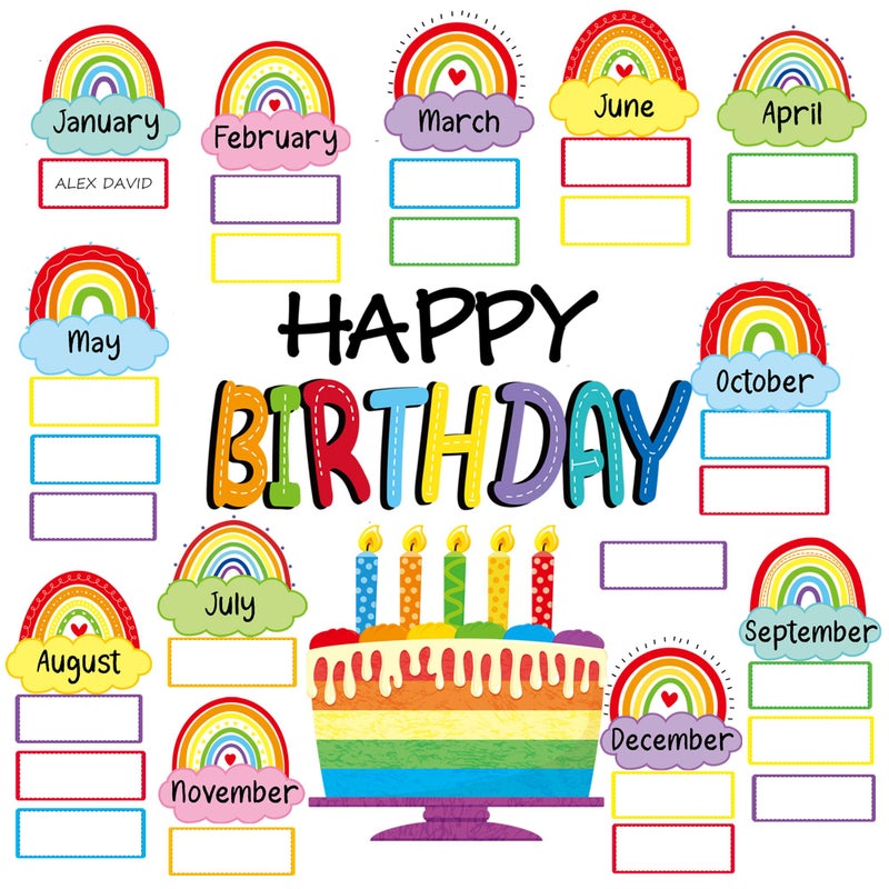 Mindoub Rainbow Happy Birthday Bulletin Board Rainbow Holiday Board Sign Let's Celebrate Happy Birthday Cloud Accents Cutouts for Calendars Bulletin Boards - Image 1